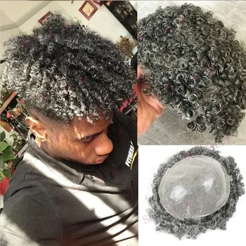 15 мм Кудрявый парик для мужчин, Серые афро Парики, Прочная Тонкая кожа, система замены протезов на основе полиуретана, V-образный узел из человеческих волос