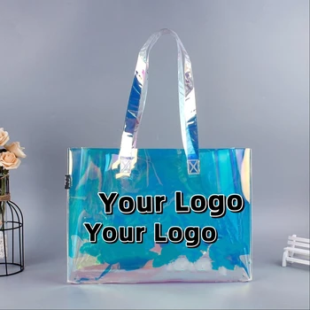 200шт Модная Голографическая сумка для покупок из лазерного ПВХ Прозрачные Дорожные Пляжные сумки большой емкости С женскими сумочками