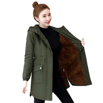 2023 Новые осенне-зимние куртки с капюшоном на молнии, женское пальто средней длины ArmyGreen, толстые теплые пальто, повседневная верхняя одежда.