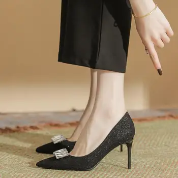 34-39 Черные женские туфли-лодочки на высоком каблуке, материал ткани, женская обувь на шпильке, вечерние модельные туфли