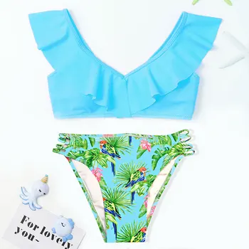 7-14 лет, тропический купальник-бикини для девочек, детский купальник из двух частей с рюшами, мягкий купальный костюм для плавания, летняя пляжная одежда
