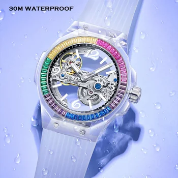 HANBORO Автоматические роскошные женские часы Кристалл Водонепроницаемые светящиеся механические наручные часы Силиконовый ремешок модные женские часы