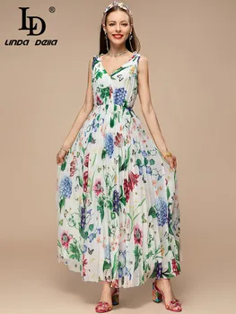 LD LINDA DELLA, Новинка 2023 года, летнее модное женское длинное платье на бретельках в пляжном стиле с высокой талией, Тонкие плиссированные платья с цветочным принтом.