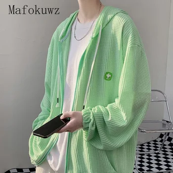 Mafokuwz Зеленая Ледяная Шелковая Солнцезащитная Куртка Мужская 2023 Летняя Легкая Пара Пальто С Капюшоном Design Sense На Молнии Вафельная Куртка