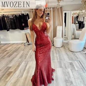 Mvozein Бордовые платья для выпускного вечера 2023, платье Русалки с блестками, сексуальное длинное вечернее платье с открытой спиной, платья для вечеринок, платье