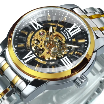 WINNER Классические механические часы с прозрачным скелетоном в стиле ретро, автоматические мужские часы со светящимися стрелками, стальной ремешок, Деловые часы