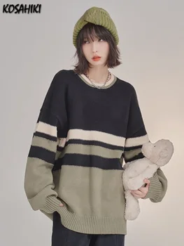 Y2k, эстетичный полосатый свитер контрастного цвета, Женский Корейский винтажный пуловер, женский повседневный Свободный джемпер 2023 года, осенний ленивый джемпер