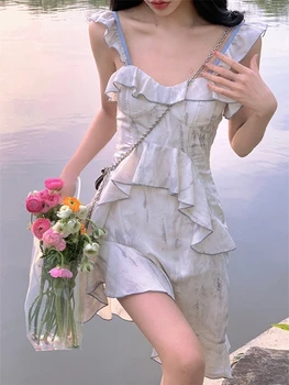 Белое мини-платье для женщин без рукавов, Повседневный элегантный Пляжный сарафан, женский корсет для вечеринки, цельное платье, Корейский Летний шик 2022