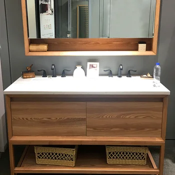 Ванная комната в скандинавском стиле, дуб, массивное дерево, шкаф для ванной комнаты в американском стиле, комбинированный умывальник, зеркальный шкаф, двойная раковина