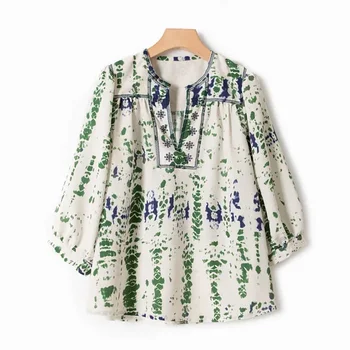 Весна и лето 2022, Новая Зеленая рубашка с принтом в богемном стиле с пышными рукавами, Свободный топ Для женщин