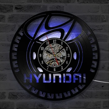 Виниловые часы с логотипом автомобиля Hyundai, настенные часы с виниловой пластинкой, круглые полые часы с записью компакт-диска, креативный домашний декор в античном стиле, подвесные светодиодные часы