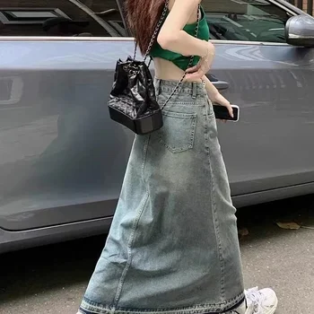 Винтажная Длинная джинсовая юбка Женская Harajuku, Свободная юбка Макси с высокой талией, женские уличные джинсовые юбки трапециевидной формы 2023, летние платья Faldas