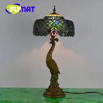 Винтажная настольная лампа FUMAT Tiffany с витражным стеклом в виде Павлина, европейско-американский стиль Ар-деко, лампа для гостиной и спальни