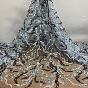 Высококачественная ручная вышивка блестящими бусинами из микроэластичной ткани в африканском нигерийском стиле, 5 ярдов