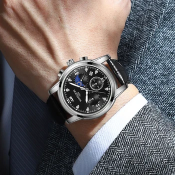 Деловые кожаные наручные часы с бриллиантами для мужчин Бесплатная доставка Фаза Луны Водонепроницаемые мужские наручные часы Relogio Masculino 2023
