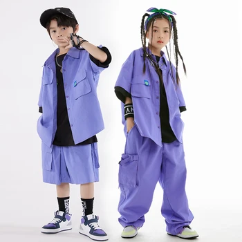 Детский танцевальный костюм в стиле хип-хоп, Свободный комбинезон, Фиолетовое пальто, брюки, одежда для уличных танцев, одежда для джазовых барабанов для мальчиков и девочек, одежда для сцены L10400