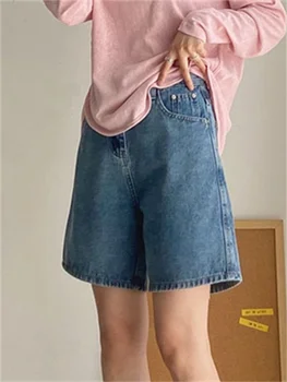 Джинсовые шорты для женщин 2023 Новые Корейские модные прямые шорты с высокой талией, винтажные повседневные шорты с широкими штанинами длиной до колен