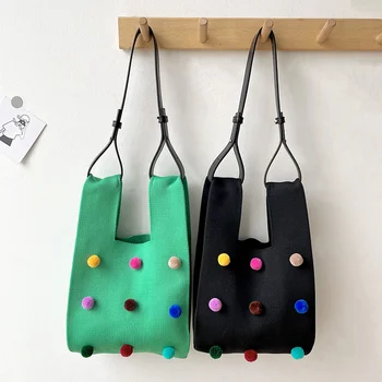 Женская зимняя японская сумка на запястье с узлом, повседневная цветная вязаная сумка с шариком, студенческая вязаная сумка через плечо, многоразовые сумки для покупок