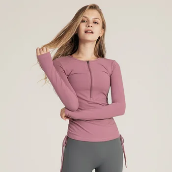 Женская одежда для йоги с логотипом, осень-зима, Быстросохнущая на шнурке, Тонкая молния наполовину, Модный спортивный топ для спортзала с длинным рукавом на открытом воздухе