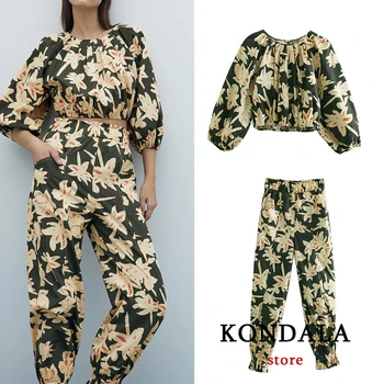 Женские костюмы KONDALA, винтажная короткая блузка с цветочным принтом и длинные брюки с эластичной резинкой на талии, весенняя мода 2021, женские комплекты