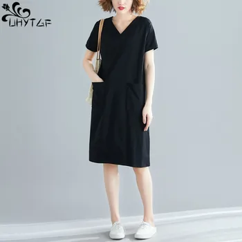 Женское летнее черное платье UHYTGF, Новая Свободная Корейская версия пуловера с V-образным вырезом, Короткий рукав, карман, Женская юбка большого размера