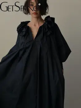 Женское платье Getspring 2023, летнее платье оверсайз с рукавом-фонариком и V-образным вырезом с оборками, однотонные модные Свободные повседневные длинные черные платья