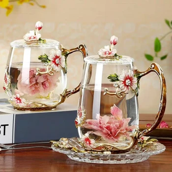 Красота и новизна Эмалированная Кофейная чашка, Кружка для цветочного чая, Стеклянные стаканчики для горячих и холодных напитков, набор чайных ложек, идеальный свадебный подарок