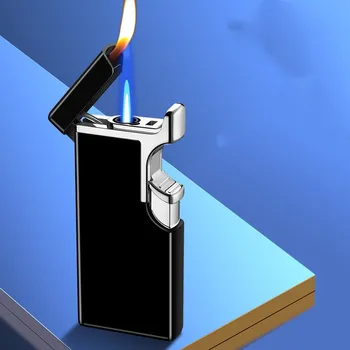 Креативная газовая зажигалка двойного назначения с открытым огнем, Ветрозащитный воспламенитель с прямым синим пламенем, два в одном, тонкий металлический корпус, видимое окно