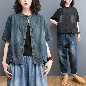 Летняя джинсовая рубашка в стиле ретро 2021 года, однобортный жакет в стиле оверсайз, воротник-стойка, короткий рукав, Повседневная простая женская одежда zh1252