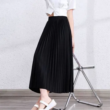 Летняя Корейская плиссированная юбка 2023 с высокой талией, однотонная Черная Бежевая длинная юбка для женщин, офисная женская юбка трапециевидной формы, NS5666