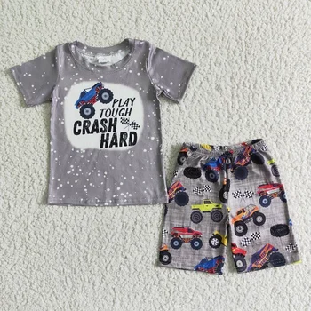 Летняя одежда для маленьких мальчиков Play Touch Crash Hard, Серая футболка с гоночным автомобилем, топ Для детей, Оптовая продажа, Комплект одежды для малышей