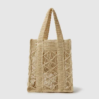Модная полая соломенная сумка-тоут из бумажной ткани Женские сумки ручной работы Летние пляжные сумки большой емкости Bali Travel Tote Кошельки 2023