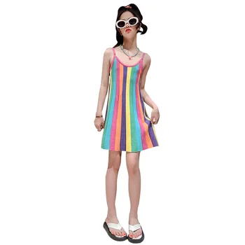 модное платье-комбинация из радужного ледяного шелка для маленьких девочек 2023, новые летние платья принцессы для девочек-подростков, повседневная юбка, детская одежда