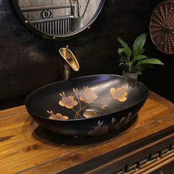 Настольный умывальник Black flower art, антикварный керамический умывальник, Китайский антикварный умывальник, туалетный умывальник для ванной комнаты