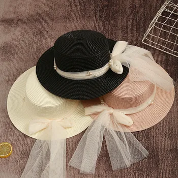 Новая летняя женская пляжная шляпа Канотье, женская панама с широкими полями, женская классическая соломенная шляпа от солнца с плоским бантом, женские фетровые шляпы
