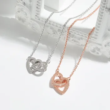 Новое модное женское ожерелье с двойным кольцом в виде сердца белого/розового золота, цепочка-чокер, ожерелья с подвесками, ювелирные изделия AXL159