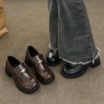 Новые маленькие кожаные туфли в британском стиле, лоферы на толстом каблуке, женская повседневная универсальная обувь Mary Jane на платформе и каблуке