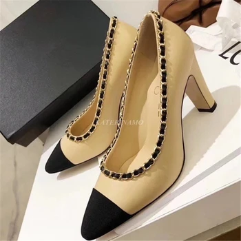 Новые модные офисные женские туфли-лодочки с острым носком, черные, из натуральной кожи, женские свадебные туфли на высоком качественном каблуке с цепочкой 35-40