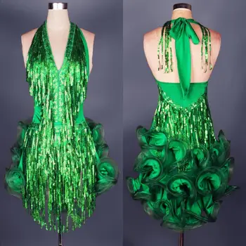 платье для латиноамериканских танцев, зеленый профессиональный костюм для женщин, костюм для самбы с бахромой, красочные женские платья для бальных соревнований, кисточки
