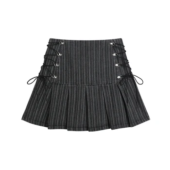 Плиссированная юбка Женская Летняя с высокой талией в серую полоску, бандажные мини-юбки трапециевидной формы, винтажная уличная одежда Harajuku Y2k в стиле колледжа