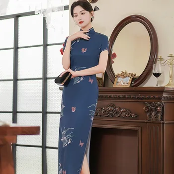 Плюс размер 5Xl Женское традиционное китайское платье с винтажным принтом, воротник-стойка, длинный тонкий Чонсам, вечерние платья для вечеринок