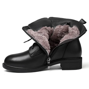 Повседневные женские ботильоны из натуральной кожи на теплом меху со шнуровкой, зимние ботинки на низком каблуке, Черные женские осенне-зимние дизайнерские ботинки