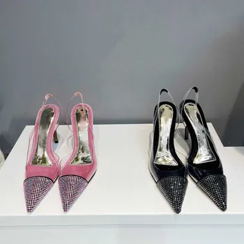 Самая продаваемая модная женская обувь 2023 года, Розовые прозрачные каблуки со стразами Для элегантных вечерних босоножек, Роскошная дизайнерская обувь, туфли-лодочки