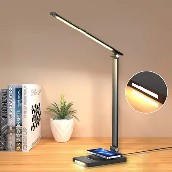 Светодиодная беспроводная настольная лампа, 10 Вт QI с регулируемой яркостью, складные настольные лампы с ночником, многофункциональное освещение со штекером, для дома/офиса