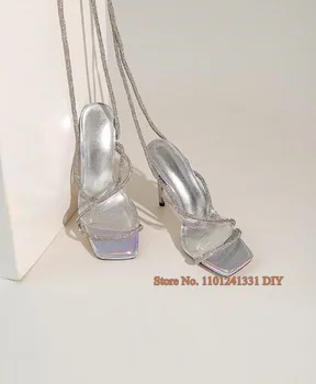 Сексуальные серебристые сандалии на шпильке с квадратным носком, женские босоножки на высоком каблуке, женская летняя обувь для вечеринок на тонком каблуке.