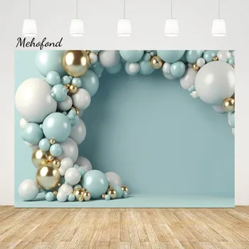 Фон для фотосъемки с золотым воздушным шаром Mehofond Baby Shower Портрет на 1-й день рождения, мятно-сине-зеленый фон для стен, декор фотостудии