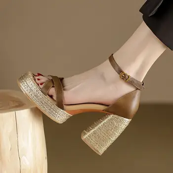 Шикарный дизайн, Женские сандалии-гладиаторы из кожи цвета хаки, летняя обувь на платформе и высоком массивном каблуке с перекрестной резинкой, ремешок на щиколотке