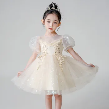 Элегантное платье для девочки с пышными рукавами на свадьбу в цветочек, модные милые детские платья принцессы, детский тюлевый костюм на день рождения