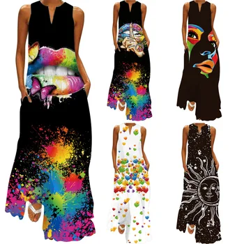Элегантное черное платье Макси с принтом человеческого лица 2022, винтажные повседневные платья для вечеринок, Летние пляжные женские платья с принтом для девочек, женские S-5XL