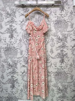 100% Натуральный шелк, Новинка 2023 года, женское Розовое Летнее платье Миди с цветочным принтом на бретельках, милое богемное Элегантное Шикарное Роскошное платье для подиума